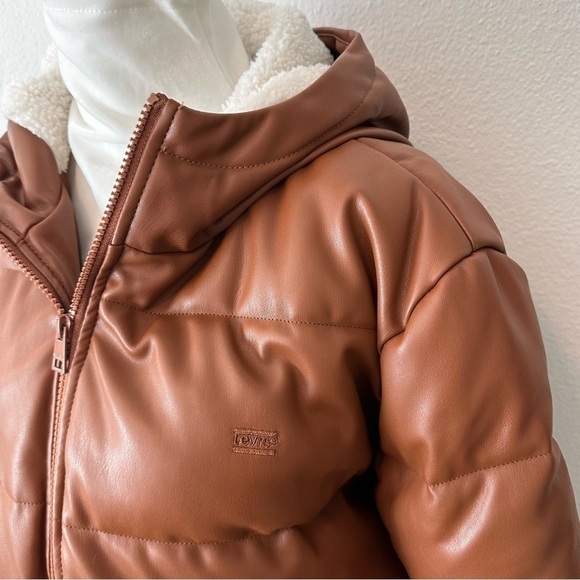 LEVI'S Faux Leather Puffer Jacket Sz XL Camel Brown - Picture 6 of 14